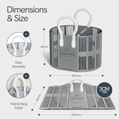 Collapsible Laundry Basket with Handles, 40L Foldable Clothes Hamper Folds 3cm Flat, Space Saving for Apartment, Dorm, RV, Small Spaces, Portable Grocery Tote - color: Grey