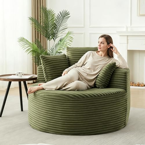 Round Chaise Lounge Chair Indoor, 43" Corduroy Circle Single Cloud Reading Chairs Modern Upholstered Boneless Sofa for Living Room, Bedroom Apartment, Green - color: Green, style: 43"Corduroy