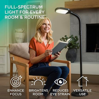 Verilux SmartLight Full Spectrum LED Modern Floor Lamp with Adjustable Brightness, Flexible Gooseneck and Easy Controls - Reduces Eye Strain and Fatigue - Ideal for Reading, Artists, Craft (Black) - color: Black