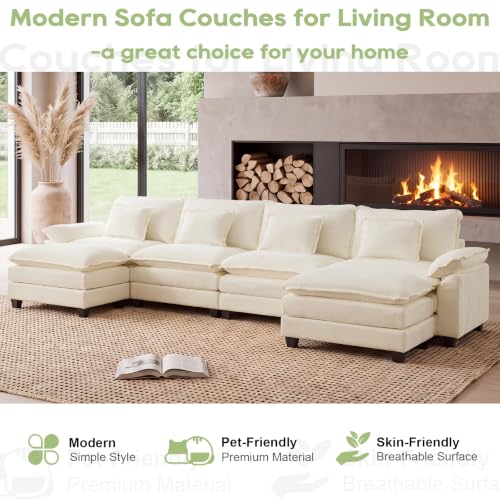 154" Modular Sectional Sofa, Comfy Deep Cloud Couch with Ottoman | U-Shaped Couches for Living Room, Modular Couch, Deep and Wide Seat, Chenille Sofa Sleeper with Throw Pillows, Beige White - color: Beige White, size: 154 Inch U