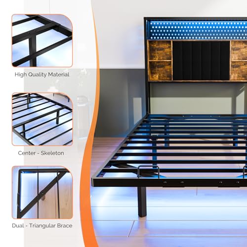 VINGLI Floating Bed Frame Twin Bed with Charging Station and LED Lights,Twin Metal Bed Frame,Cozy Hidden Storage Velvet Upholstered Headboard,No Box Spring Needed,Easy Assembly,Black - color: Industrial Brown, size: Twin