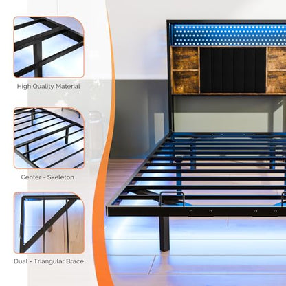 VINGLI Floating Bed Frame Twin Bed with Charging Station and LED Lights,Twin Metal Bed Frame,Cozy Hidden Storage Velvet Upholstered Headboard,No Box Spring Needed,Easy Assembly,Black - color: Industrial Brown, size: Twin