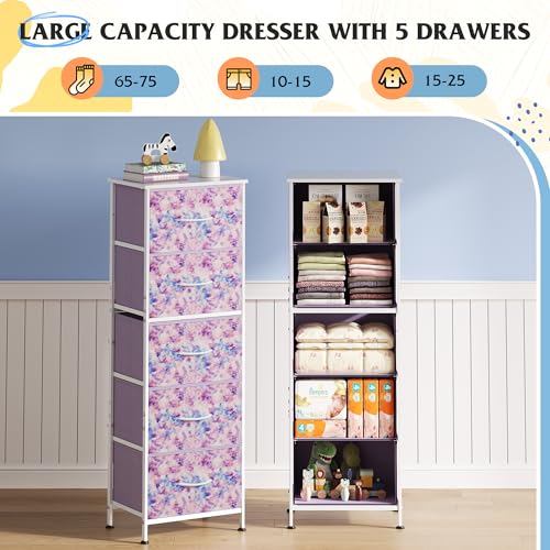 WLIVE Tall Dresser for Bedroom, 5 Drawer Dresser, Tie-Dye | 5 vertical fabric drawers, Tall vertical design, Bedroom or closet use, Dresser for small spaces, Chest of drawers - color: Tie-dye Purple Print
