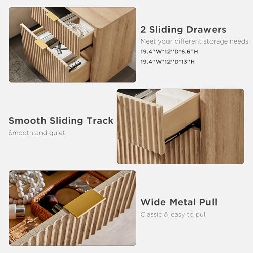 T4TREAM 23'' Fluted Nightstand with Charging Station, Modern, Natural Oak | Large 2 Drawer, Curved Profile, Mid-Century, Bedside Table with Storage, End Table for Living Room, Bedroom, Side Table - color: Natural Oak