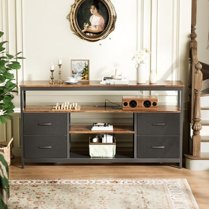 Huuger TV Stand Dresser with Power Outlets and LED Lights, 4 Drawers Entertainment Center with Shelves, 54 Inch Media Console for 55 60 Inch TV, PU Finish, Rustic Brown and Black - color: Rustic Brown and Black, size: 54 Inches