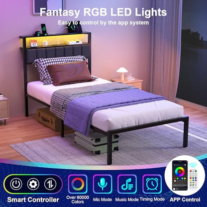 J.Fkne Twin Bed Frames with Charging Station and LED Lights, Twin Size Platform Bed with Metal Slats, Upholstered Headboard with 2-Tier Storage Shelves, No Box Spring Needed, Easy Assembly, Black - size: Twin, style: Casual