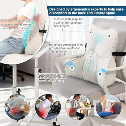 Lumbar Support Pillow(Pat. Pend) – Multi-Functional Ergonomic Back Cushion for Sofa Chair, Car Seat & Sofa, Reading Pillow with Firm Multi-Zone Support to Relieve Lower Back Pain, Misty White - color: Misty White
