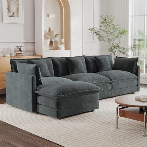 Modular Sectional Sofa, 111.5 Inch L Shaped Couch Set for Living Room, 3-Seater Comfy Cloud Couches with Movable Ottoman, DIY Combination, Chenille, Grey - color: Grey, size: 111.5 Inch- L