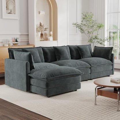Modular Sectional Sofa, 111.5 Inch L Shaped Couch Set for Living Room, 3-Seater Comfy Cloud Couches with Movable Ottoman, DIY Combination, Chenille, Grey - color: Grey, size: 111.5 Inch- L