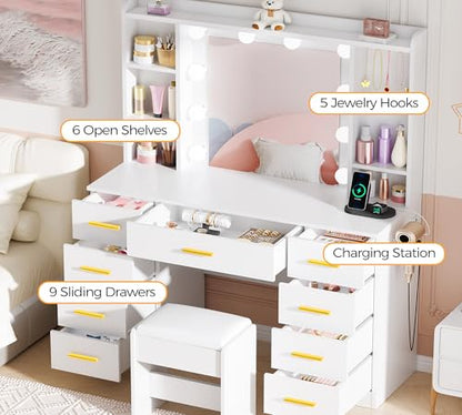 ANWBROAD 9-Drawer Makeup Vanity Desk with Mirror and Lights, White | Vanity Table with Cushioned Stool, 3 Colors Lights, Power Outlet, 6 Open Shelves, 5 Hooks Dressing Table for Girls Women