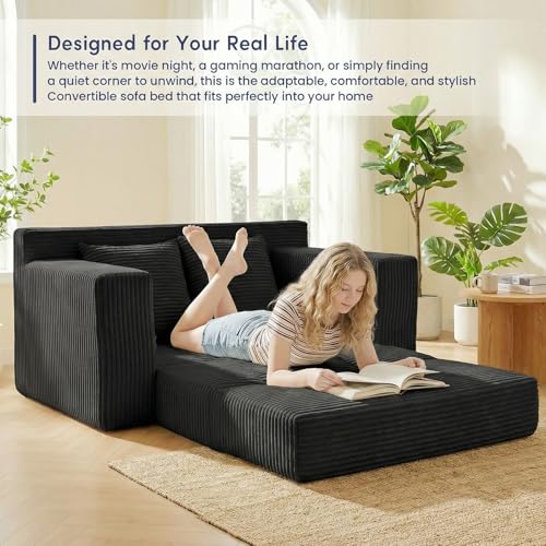 cidludto Boneless Couch Loveseat Sleeper, Convertible Sofa Bed Folding Couch Bed Foldable, 2 in 1 Boneless Chair Bed & Futon Sofa Bed, Small Pull Out Sofa with 4 Pillows for Living Room, Black - color: Black, size: Loveseat-55''