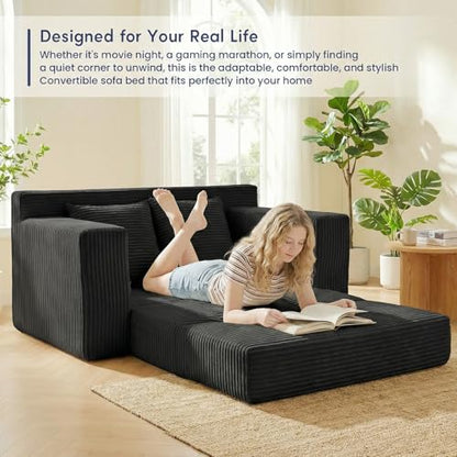 cidludto Boneless Couch Loveseat Sleeper, Convertible Sofa Bed Folding Couch Bed Foldable, 2 in 1 Boneless Chair Bed & Futon Sofa Bed, Small Pull Out Sofa with 4 Pillows for Living Room, Black - color: Black, size: Loveseat-55''