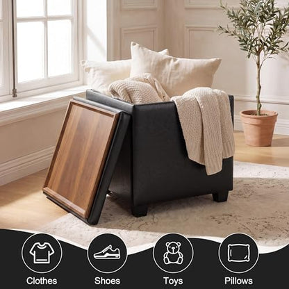 15 inch Square Storage Ottoman with Tray Lid,Modern Tufted Faux Leather Cube Coffee Table with Storage,Upholstered Ottoman with Removable Top for Living Room, Bedroom - color: Faux Leather -Black With Tray