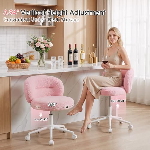 Homkdom Round Vanity Chair with Silent Wheels, 17.32" Wide Seat | Height Adjustable, 360 Swivel & Smooth Rolling, Armless Design for Makeup and Study - Pink - color: Pink