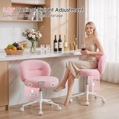 Homkdom Round Vanity Chair with Silent Wheels, 17.32" Wide Seat | Height Adjustable, 360 Swivel & Smooth Rolling, Armless Design for Makeup and Study - Pink - color: Pink