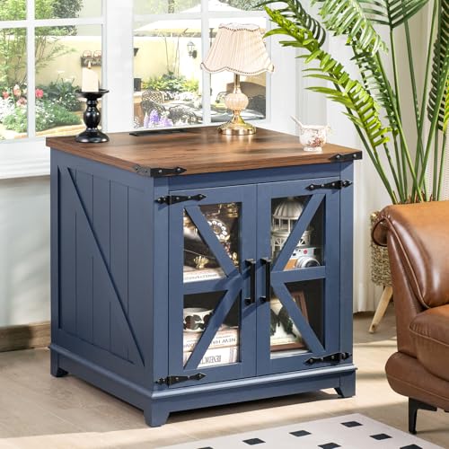Joaxswe Farmhouse End Table for Living Room, Charger Station | USB Ports, Glass Barn Door, Solid Wood Legs, 24" Large Sofa Side Table, Adjustable Shelf, Blue Square Table for Bedroom - color: Blue, size: Set 1