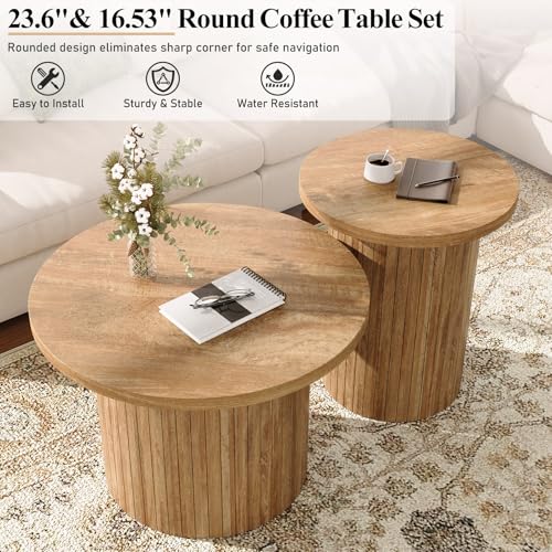 Nesting Coffee Table Set of 2, Mid Century Modern Round Coffee Tables, Wood Slat Side Table Set for Living Room, Office, Balcony (Natural Oak) - color: Natural Oak
