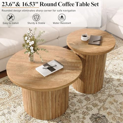 Nesting Coffee Table Set of 2, Mid Century Modern Round Coffee Tables, Wood Slat Side Table Set for Living Room, Office, Balcony (Natural Oak) - color: Natural Oak
