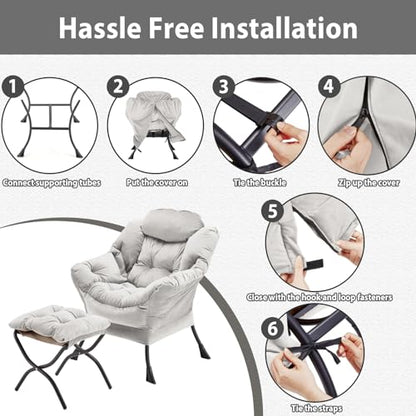 Youtanic Lazy Chair with Folding Ottoman, Accent Chair Velvet Upholstered with Metal Structure and Non-Slip Pads, Sofa Armchair with Footrest and Side Storage Bag for Dorm, Room, Office, Light Gray - color: Light Gray