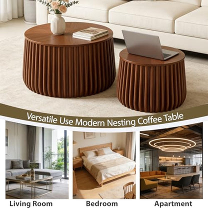 Nesting Coffee Table Set of 2, Round, Walnut | Hidden Storage, Solid Wood, Stackable End Tables, Circle Side Tables for Small Space Living Room Apartment - color: Walnut 26.77"