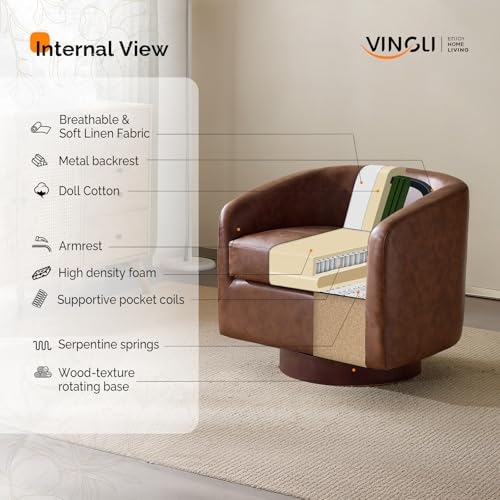 VINGLI 360°Swivel Accent Chairs Set of 2 with Engineered Wood Base and Removable Cushion for Living Room, Bedroom, Curved Back Barrel Chairs for Small Space, Upholstered Bucket Armchairs, Pu-Brown - color: Pu-brown