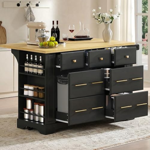 Merax 51.2" Rolling Kitchen Island with Storage (Black) | Pull Out Trash Can Storage, 6 Drawers, with Drop Leaf, Power Outlet, 5 Wheels, 5 Open Side Racks, for Kitchen Dining Room