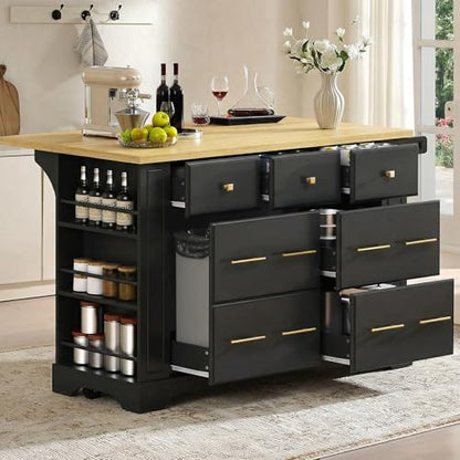 Merax 51.2" Rolling Kitchen Island with Storage (Black) | Pull Out Trash Can Storage, 6 Drawers, with Drop Leaf, Power Outlet, 5 Wheels, 5 Open Side Racks, for Kitchen Dining Room