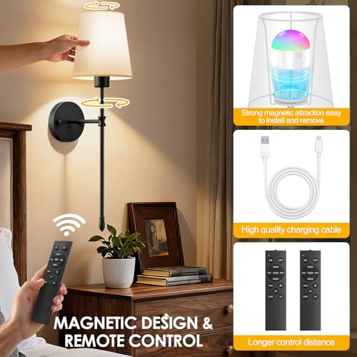 OCATO Wall Sconces Battery Operated 10000mAh Wireless Wall Sconces Set of 2 | Rechargeable Wall Lights with 10000mAh Dimmable Bulbs and Remote 7 Colors Wireless Wall Lamps for Bedroom Living Room Hallway - color: Black