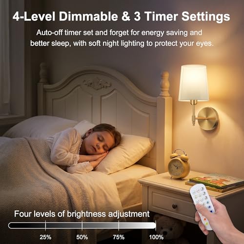 Battery Operated Wall Sconces Set of 2, Wireless Rechargeable Dimmable Wall Light with 15000mAh RGB Bulb and Remote for Bedroom, Living Room, Hallway, Gold, 13.4in | Wireless Rechargeable 3 Color Temperature Dimmable Magnetic Bulb Wall Light for Bedroom,