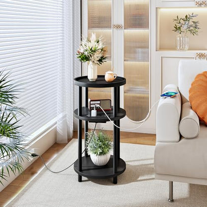 HOOBRO Small Round Side Table with Charging Station, 3-Tier Round Bamboo End Table, Compact Sofa Bedside Table for Small Space, Easy Assembly, for Living Room, Bedroom, Apartment, Black BB152UBZ01 - color: Black