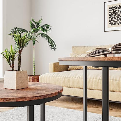 HOJINLINERO Round Nesting Coffee Table Set of 2,Small Coffee Table,Brown | Center Table for Living Room,Small Apartment,Small Space,Stacking Side Tables,Sturdy Easy Assembly,Rustic Brown Wood Tabletop - color: Brown, size: Small