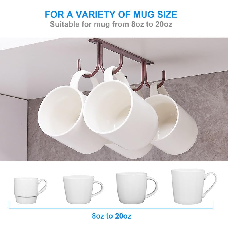 FOMANSH Mug Rack Under Cabinet - Coffee Cup Holder, 8 Mugs Hooks Under Shelf, Display Hanging Cups Drying Hook for Bar Kitchen Utensils Brown - color: Brown, size: 2 Pack