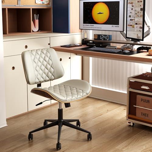 Home Office Chair No Arms with Wheels, Armless Adjustable Height Small Desk Chair, Armless PU Leather Computer Chair Mid Back 360 Swivel, Modern Walnut, Reading Meeting Room (White) - color: White