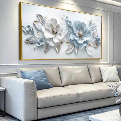 Soft Pastel Blue Flower Framed Wall Art with Hooks, Dreamy White Leaf Wall Decor 24"x48" - color: Light Blue Flower, size: 120L x 60W cm