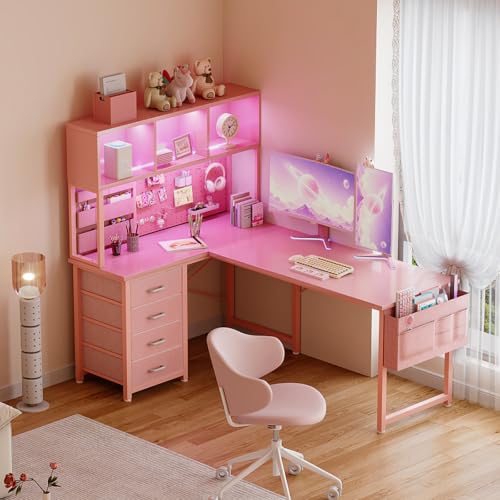 AODK 53" L Shaped Gaming Desk with Pegboard, Hutch & 4 Drawers, Pink - color: Carbon Fiber Pink