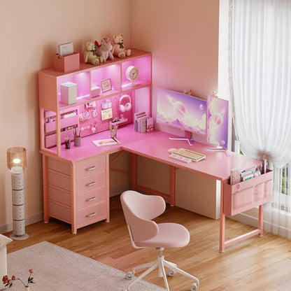 AODK 53" L Shaped Gaming Desk with Pegboard, Hutch & 4 Drawers, Pink - color: Carbon Fiber Pink