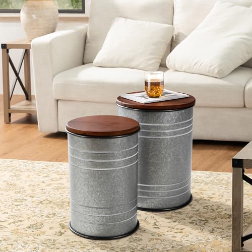 Glitzhome Rustic End Table Set of 2, Farmhouse Galvanized Metal Barrel Ottoman Storage Stool with Round Wood Lid for Living Room Furniture, Grey - color: Grey