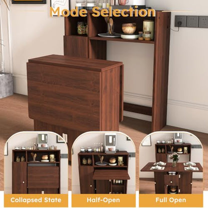 Wall-Mounted Folding Dining Set, Smart Sideboard with Power Outlet & Storage, 3-Mode Expandable Table for6 People, Space-Saving Solution for Small Apartments - color: Walnut (Table Only)