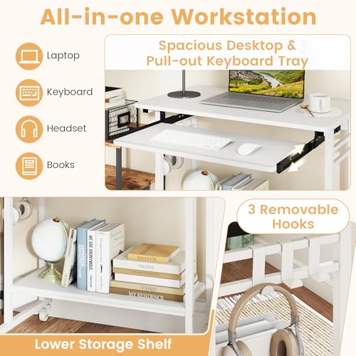 GIANTEX Rolling Computer Desk, Mobile Portable Desk with Keyboard Tray & Wheels, Laptop PC Table Cart with Shelf & Hooks, Industrial Small Desk for Small Spaces, Home Office, Bedroom, White - color: White