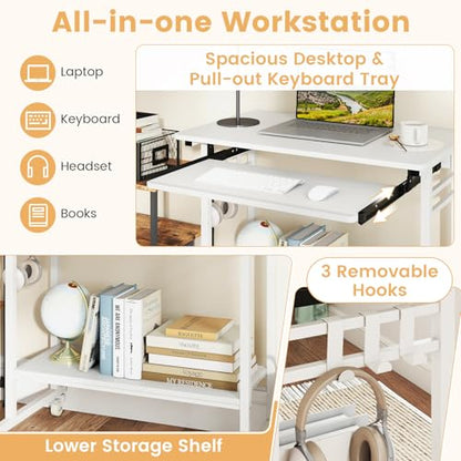 GIANTEX Rolling Computer Desk, Mobile Portable Desk with Keyboard Tray & Wheels, Laptop PC Table Cart with Shelf & Hooks, Industrial Small Desk for Small Spaces, Home Office, Bedroom, White - color: White
