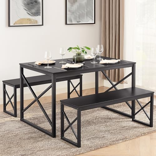 VECELO Kitchen Table with 2 Benches for 4, Wood Dining Room Dinette Sets with Metal Frame for Breakfast Nook and Small Space, Black - color: Black, size: 43.3"