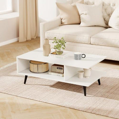 GOFLAME Wood Coffee Table, 2-Tier Mid Century Modern Center Table with 2 Open Storage Compartments & Metal Legs, Rectangular Accent Tea Tables for Living Room, Home Office, Apartment, White - color: White