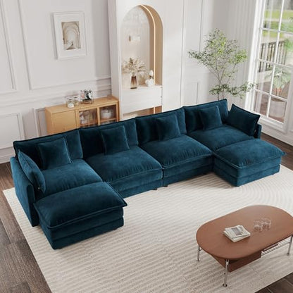 Modular Sectional Sofa, 146.5 Inch U Shaped Couch Set for Living Room, 4-Seater Comfy Cloud Couches with Two Movable Ottoman, DIY Combination, Chenille, Blue - color: Blue, size: 146.5 Inch- U
