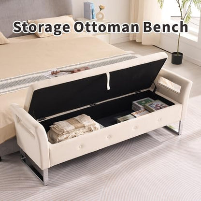 Chifee & Vingol Storage Bench with Armrests, 67.91 Inch Velvet End of Bed Bench Upholstered Storage Ottoman for Bedroom, Livingroom, Entryway - Beige - color: 68"-beige