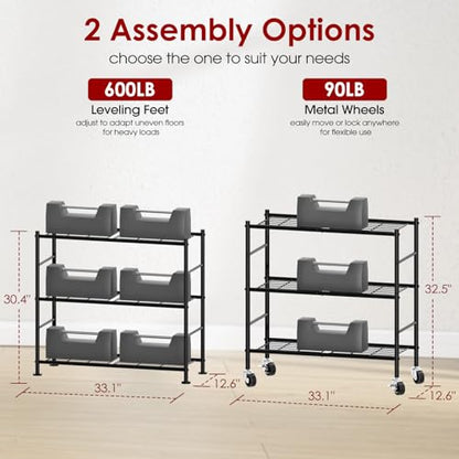Sakugi 3-Tier Storage Shelves 33.1" x12.6" x32.5" Black with Wheels | Kitchen, Closet, Pantry, Garage, Heavy Duty, Adjustable Feet, Metal Construction - color: Black, size: 33.1W x 12.6D x 32.5H(3T)