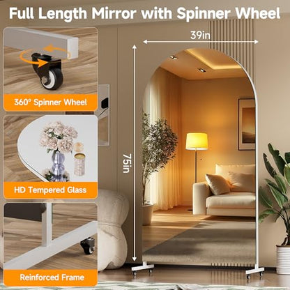 Hasipu 75" x 40" Arched Full Length Mirror on Wheels | HD tempered glass, sturdy aluminum frame, 4 smooth casters with locks, ideal for yoga, dance studio, bedroom & home gym. - size: 75"L x 40"W