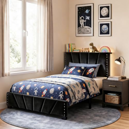 EnHomee Twin Bed Frame with LED Lights & USB, Noise-Free, Black | Adjustable Velvet Headboard，Under-Bed Storage，Heavy Duty Support with 12 Slats，No Box Spring Needed，Easy Assembly for Bedroom - color: Black, size: Twin