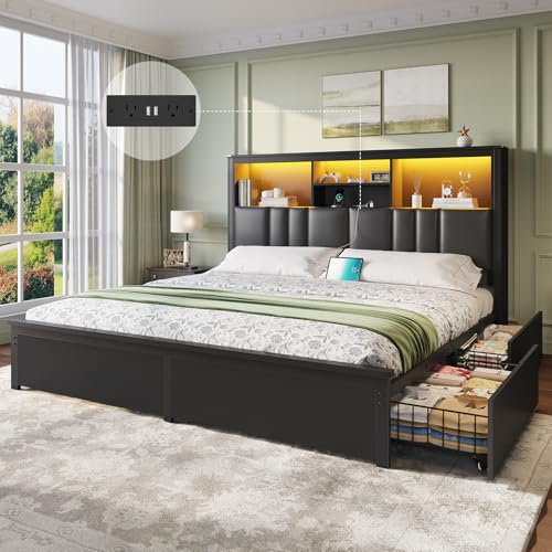 DICTAC King Bed Frame with 4 Storage Drawers & Upholstered Bookcase Headboard, Bed Frame King Size with LED Lights & Charging Station, Heavy-Duty Metal Platform Bed, No Box Spring Needed, Noise Free - color: Deluxe Black, size: King