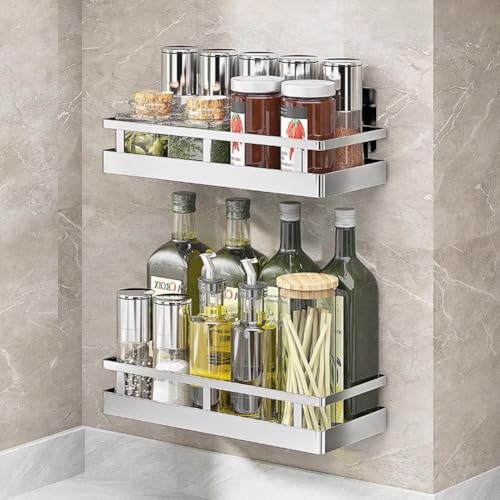 SUS304 Stainless steel Wall Mount Spice Rack Storage Basket - Seasoning Container, Kitchen Spice Organizer -Kitchen Seasoning Hanging Rack - Bathroom Shelf (Silver) - size: 11.8Inch 1PC