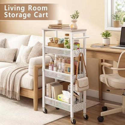 Utility Slim Rolling Storage Cart, 4-Tier Narrow Metal Organizer with Wood Top, 7.1" Width Utility Cart for Kitchen, Bathroom, Laundry Room, Small Spaces, White - color: White-7.1 Inch Wide